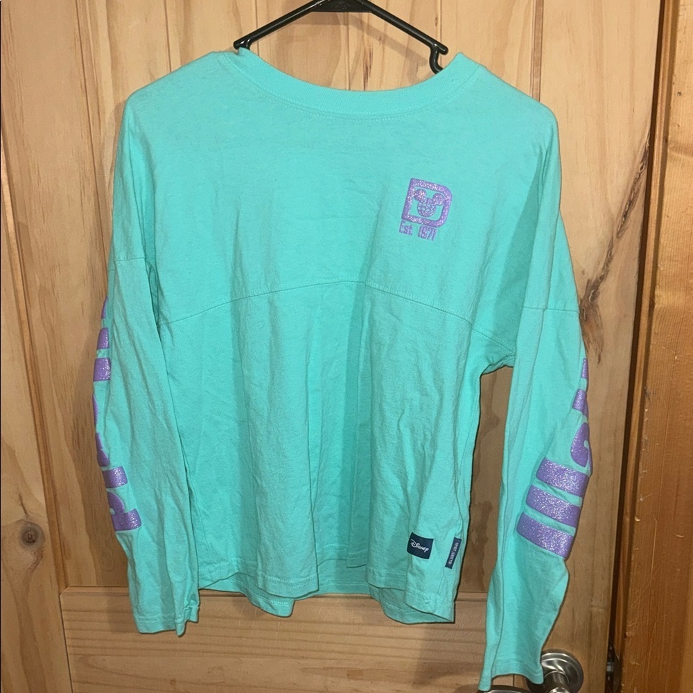 Disney Teal Long Sleeve Shirt with Purple Glitter Sleeve Graphics